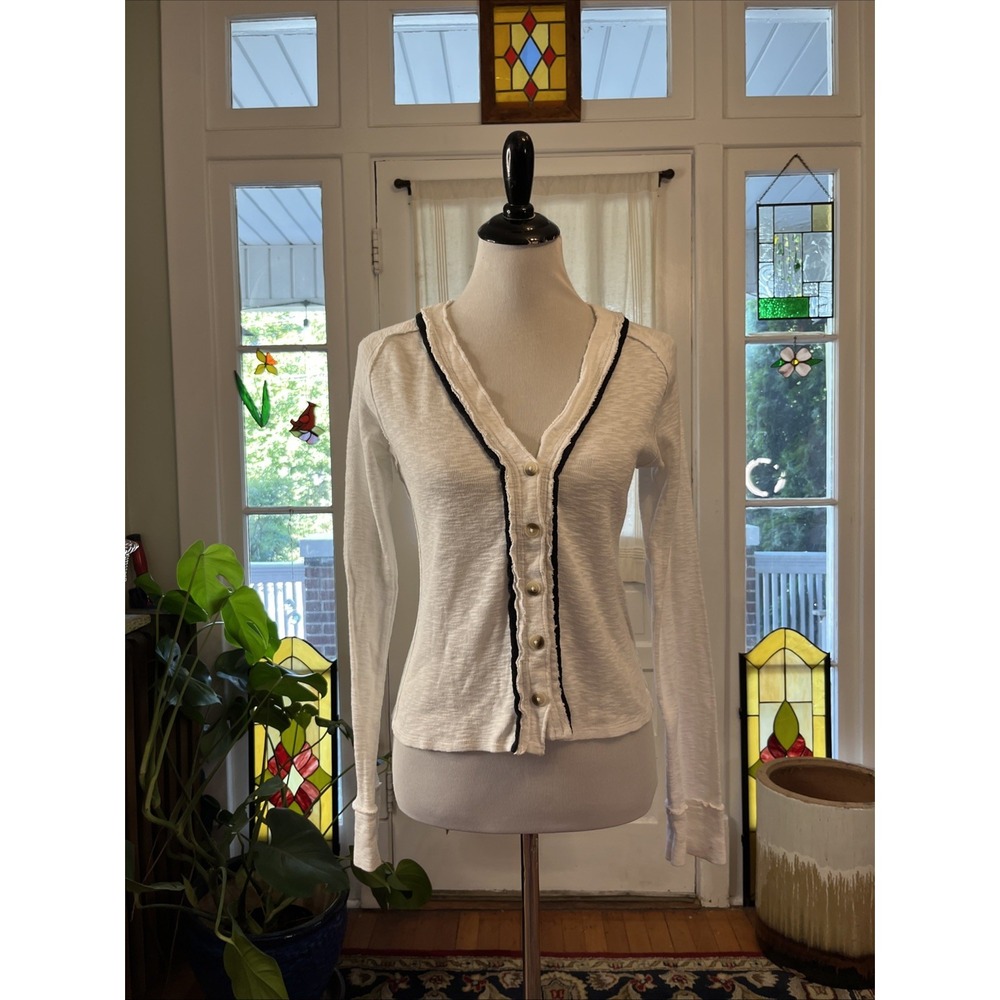 We The Free M White Button Cardigan Henley 100% Cotton Black Light Sweater Raw